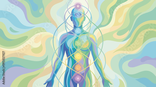 Vibrant human energy body with swirling colorful aura