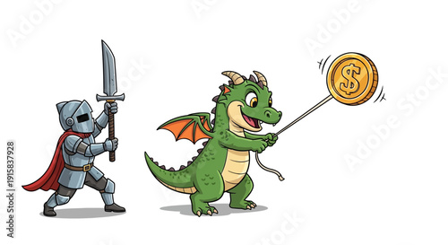 Knight and Dragon with Bitcoin Coin.