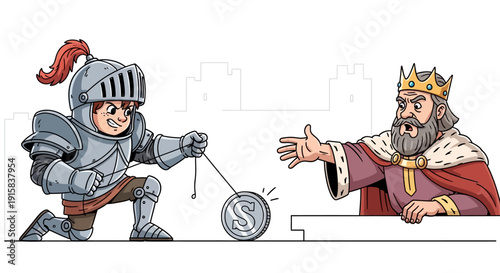 Knight Pulling Coin Towards King Illustration.
