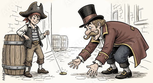 Man and Boy Playing Marbles on Street.