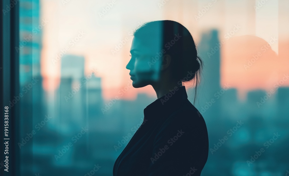 © Arfa_Media - Woman in silhouette stands by a window, reflecting on the urban city skyline during a colorful sunset, depicting thoughtful contemplation and future vision
