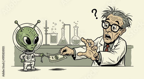 Scientist Examining Alien in Laboratory Setting.