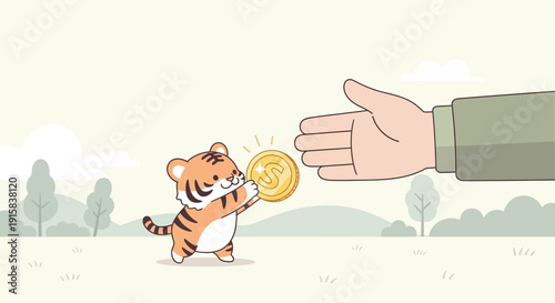 Tiger Cub Holding Bitcoin Coin Illustration.