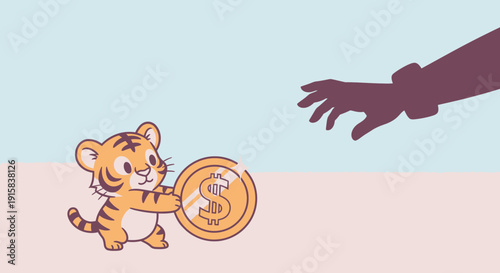 Tiger Cub Holding Gold Coin Illustration.