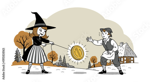 Witch and Man Fighting Over Coin.
