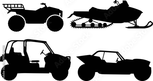 Offroad vehicle silhouette set featuring ATV, UTV, buggy, and snowmobile designs, black vector motorsport transport icons for adventure sports, racing graphics, outdoor branding, 