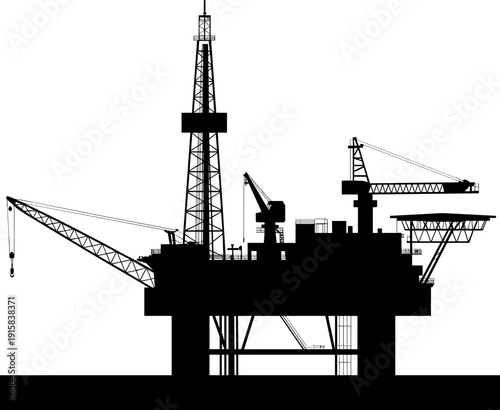 Offshore oil rig silhouette featuring drilling tower and cranes, black vector industrial energy platform for petroleum production, marine engineering concepts, power generation visuals, 