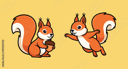 Two Cartoon Squirrels Illustration Orange White.