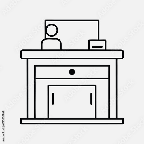 Line Art Icon of a Reception Desk with a Person and Computer Monitor counter information desk