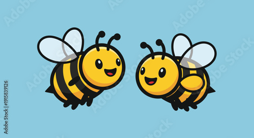 Two Cartoon Bees Flying Together Smiling.