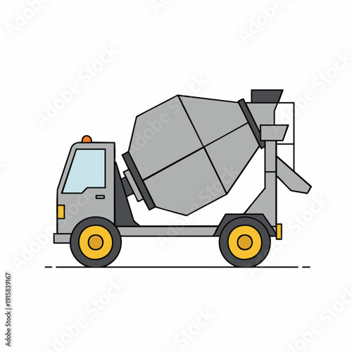 Simplified Concrete Mixer Truck Illustration with Bold Outlines and Yellow Wheels