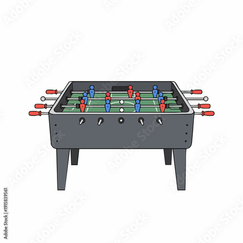 Foosball table with red and blue players, featuring a green playing field