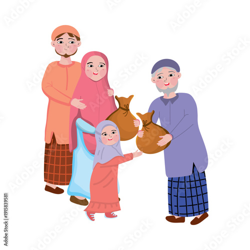 Happy Muslim family giving zakat or alms bags to elderly man during Ramadan.