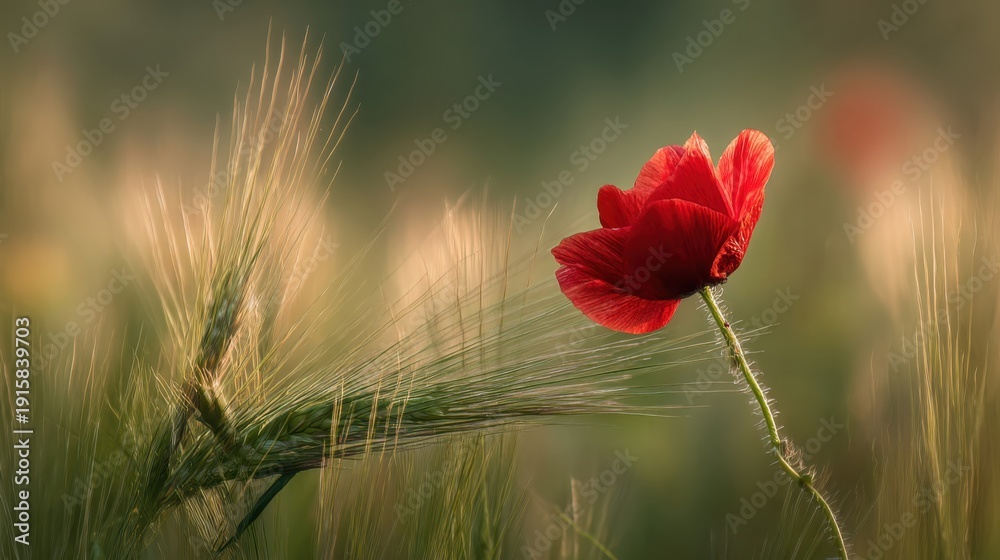 Obraz premium A solitary vibrant red poppy blooms amongst ripening wheat stalks in a tranquil field