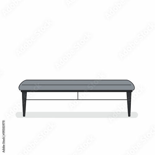 Minimalist gray bench with black legs and subtle shadow, front view