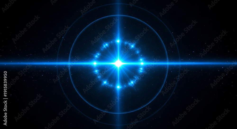 Obraz premium radiant blue light burst with cross beams and fractal rings in dark space symbolizing advanced technology and discovery.