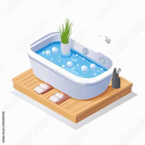 Modern bathtub with plant and towels