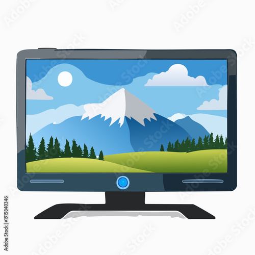 modern computer monitor displaying mountain landscape