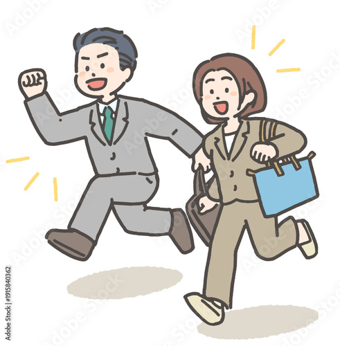 笑顔で走る若手・中堅ビジネスマンとビジネスウーマン