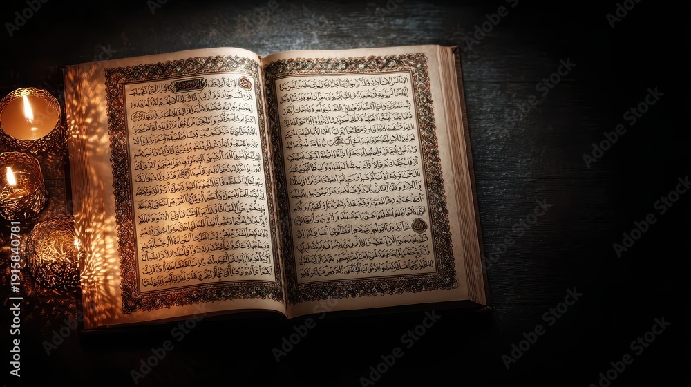 Fototapeta premium Open Quran with Arabic Text on Dark Surface and Candlelight Glow