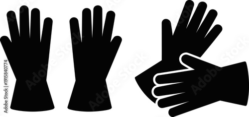 Protective work gloves silhouettes set isolated on white background, safety hand protection equipment icons collection, industrial and cleaning gloves, minimal flat design illustration