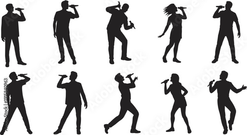 Singer performance silhouette icon collection isolated on white background, male and female vocalists with microphones set for music concerts, stage shows, entertainment design and vector illustration