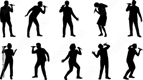 Singer performance silhouette set isolated on white background, male and female vocalists with microphones collection for music concerts, stage shows, entertainment design and vector illustration