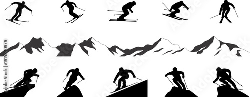 Skier silhouette icons set with mountain landscape backgrounds winter sports downhill skiing action poses solid black vector collection isolated on white