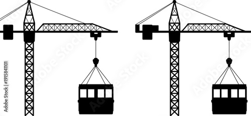 Tower Construction Crane Silhouette Icons Lifting Building Cabin Isolated on White Background for Industrial Engineering and Urban Development Design Projects