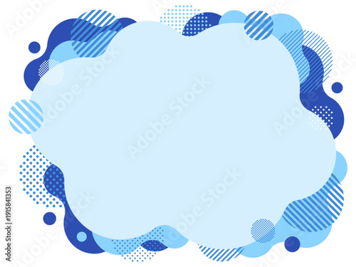 水色と青の繋がった円とドットとストライプ柄の円の飾りフレーム