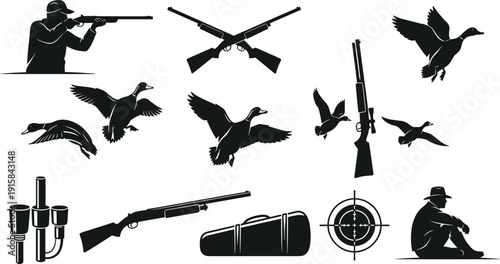 Duck hunting silhouettes set, black vector illustration of hunter, shotgun, flying ducks, gear icons for outdoor sport design, wildlife graphics, and branding projects