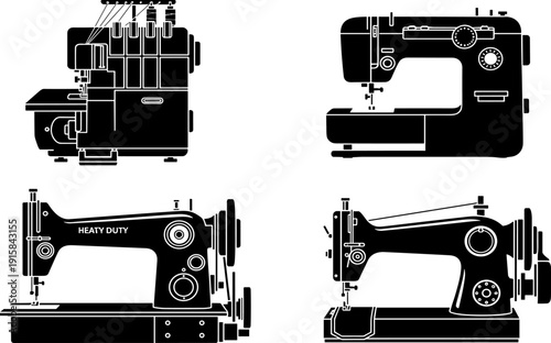 duty sewing machine vector icons, black silhouette collection of textile factory equipment for overlock, stitching, and manufacturing, minimal style graphic design assets.