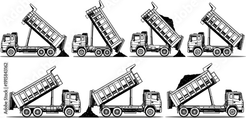 Dump Truck Animation Sequence Vector Set, Heavy Construction Vehicle Tipping and Unloading Soil, Sand, or Gravel, Isolated Monochrome Illustration