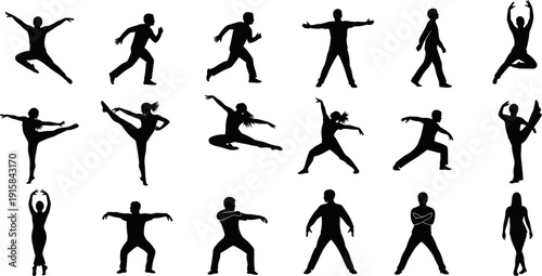 Dynamic human silhouette poses collection, people dancing, running, martial arts and fitness actions, black vector illustration isolated on white background