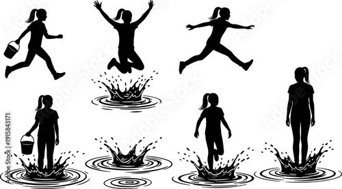 Dynamic female child silhouette set jumping, running, walking and splashing in water, playful kid motion poses, black isolated vector illustration on white background