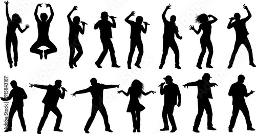 Dynamic Silhouettes of Singers and Dancers Performing Live on Stage, Group of Diverse Young Men and Women Expressing Joy, Energy, and Music through Singing and Dancing in Concert 