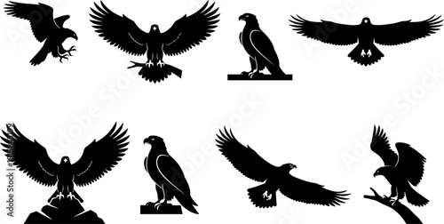 Eagle silhouette set featuring predatory birds in flight, perched on branches, hunting with open wings, and majestic hawk icons, isolated vector illustration collection.