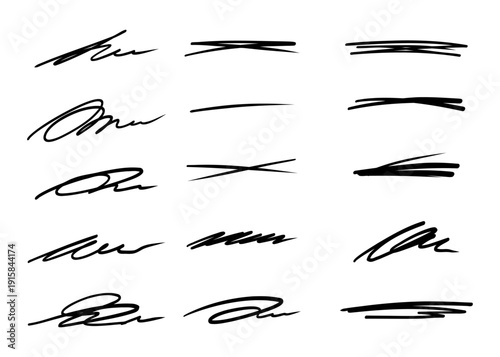 Hand drawn black pen underline strokes. Freehand pen stroke sketch brush scribbles and ink marker squiggle lines. Vector illustration of hand drawn highlights isolated on white for text emphasis.