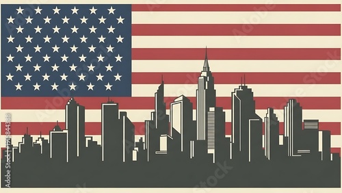 American Flag Over New York City Skyline