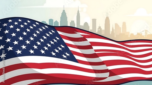 American flag waving over new york city