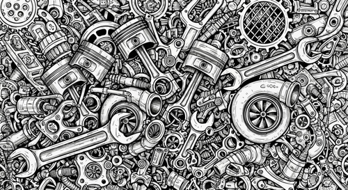 Intricate monochrome vector illustration of automotive engine parts and mechanic tools, including pistons, wrenches, gears, and turbochargers, creating a detailed mechanical background texture.