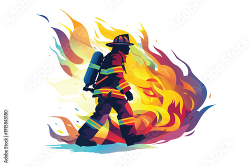 Firefighter in Full Gear Battling Flames isolated