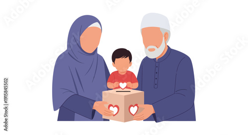 Muslim Family Holding Donation Box Vector Illustration, Islamic Charity and Zakat Concept