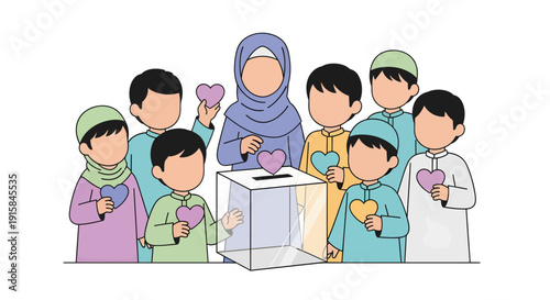 Muslim Mother and Children Giving Donation Vector Illustration, Charity Education and Community Care Concept