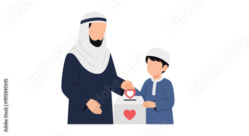 Muslim Mother and Child Giving Donation Vector Illustration, Islamic Charity and Kindness Concept