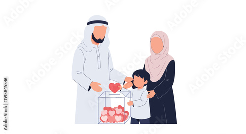Muslim Family Teaching Child to Give Donation Vector Illustration, Islamic Charity and Zakat Concept