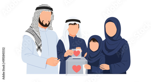 Muslim Family Giving Zakat Donation Vector Illustration, Islamic Charity and Generosity Concept