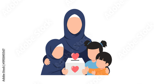 Muslim Family Vector Illustration of Hijab Mother with Children, Love and Togetherness Concept