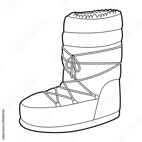 Lace-up padded winter boot women single line pair. Wrapped construction with front lacing for snow trek journey Technical fashion illustration CAD mockup clean vector men unisex isolated classic style