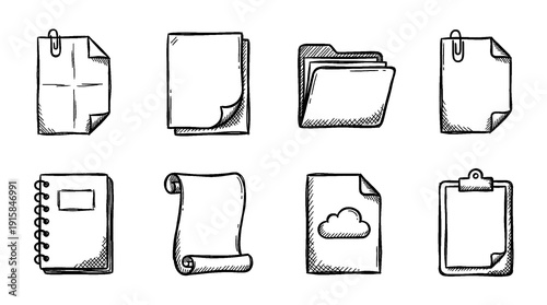 document file, bold style black Hand drawn set collection , white background , PNG isolate